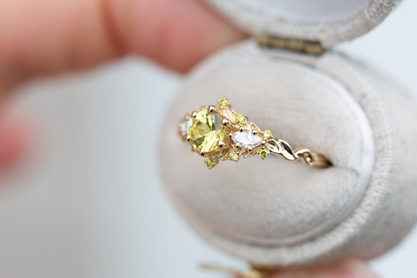 Unique Floral Rose Three Stone Round Citrine Ring