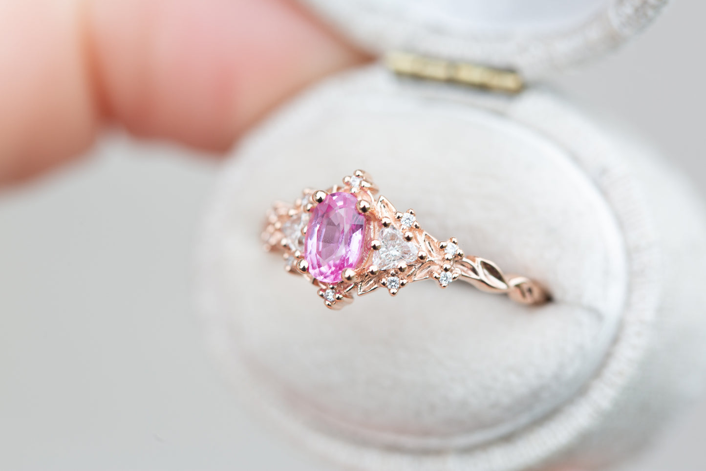 Unique Floral Rose Three Stone Oval Pink Padparadscha Ring (Sunrise)
