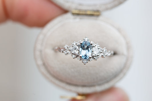 Unique Celeste Rose Three Stone Oval Lab Aquamarine Ring