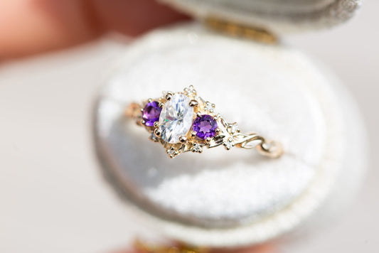 Unique Celeste Rose Oval Moissanite and Lab Amethyst Ring