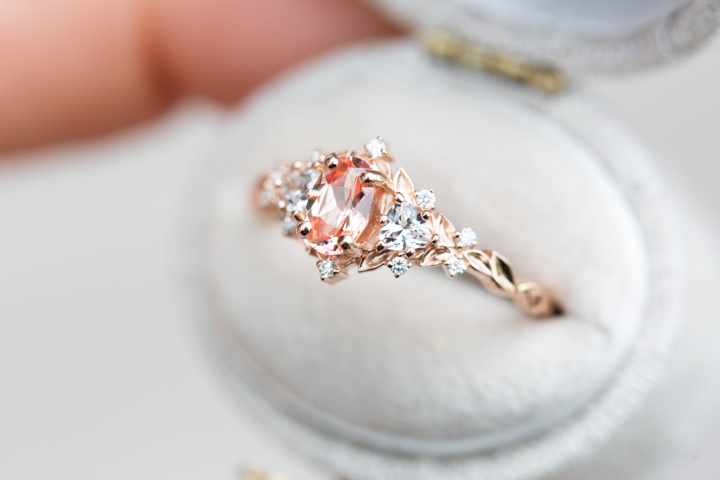 Unique Floral Rose Three Stone Oval Pink Padparadscha Ring