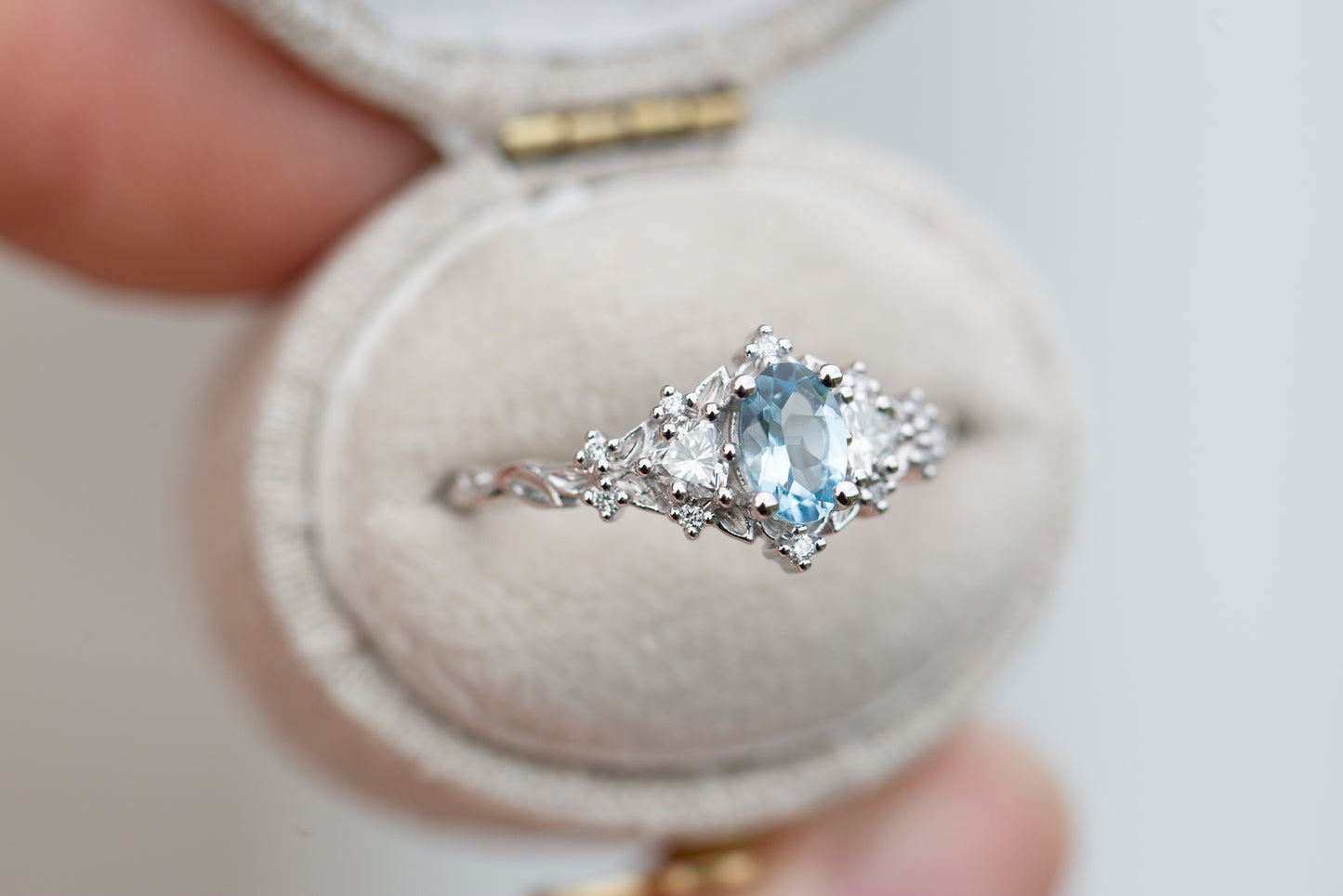 Unique Celeste Rose Three Stone Oval Lab Aquamarine Ring