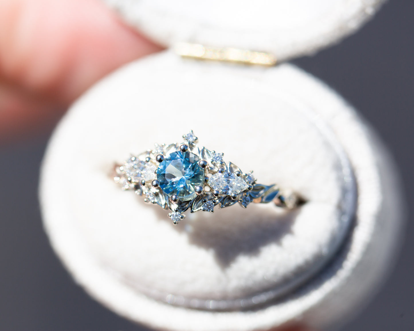Unique Celeste Rose Round Lab Aquamarine and Moissanite Ring