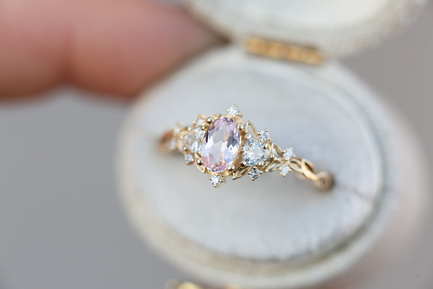 Unique Floral Rose Three Stone Oval Pink Padparadscha Ring