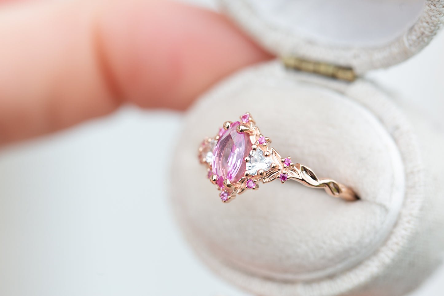 Unique Floral Rose Three Stone Marquise Pink Padparadscha and Moissanite Ring
