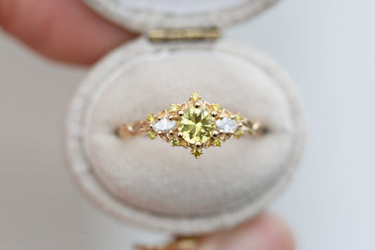 Unique Floral Rose Three Stone Round Citrine Ring