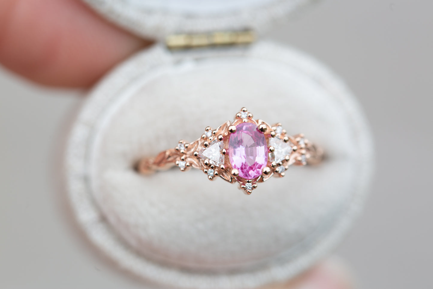 Unique Floral Rose Three Stone Oval Pink Padparadscha Ring (Sunrise)