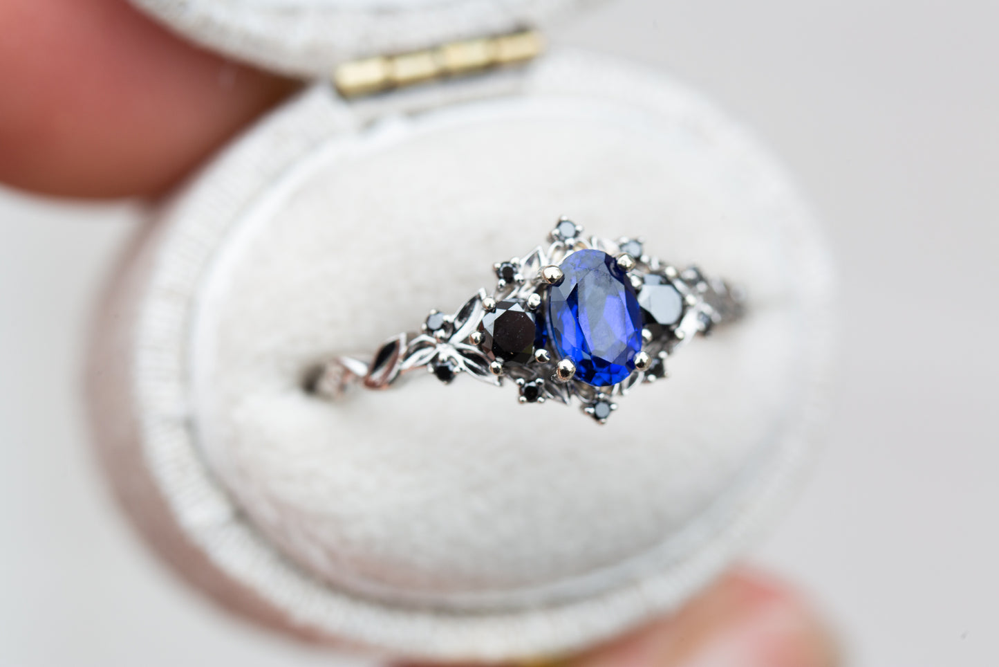 Unique Floral Rose Three Stone Oval Lab Blue Sapphire and Black Moissanite Ring