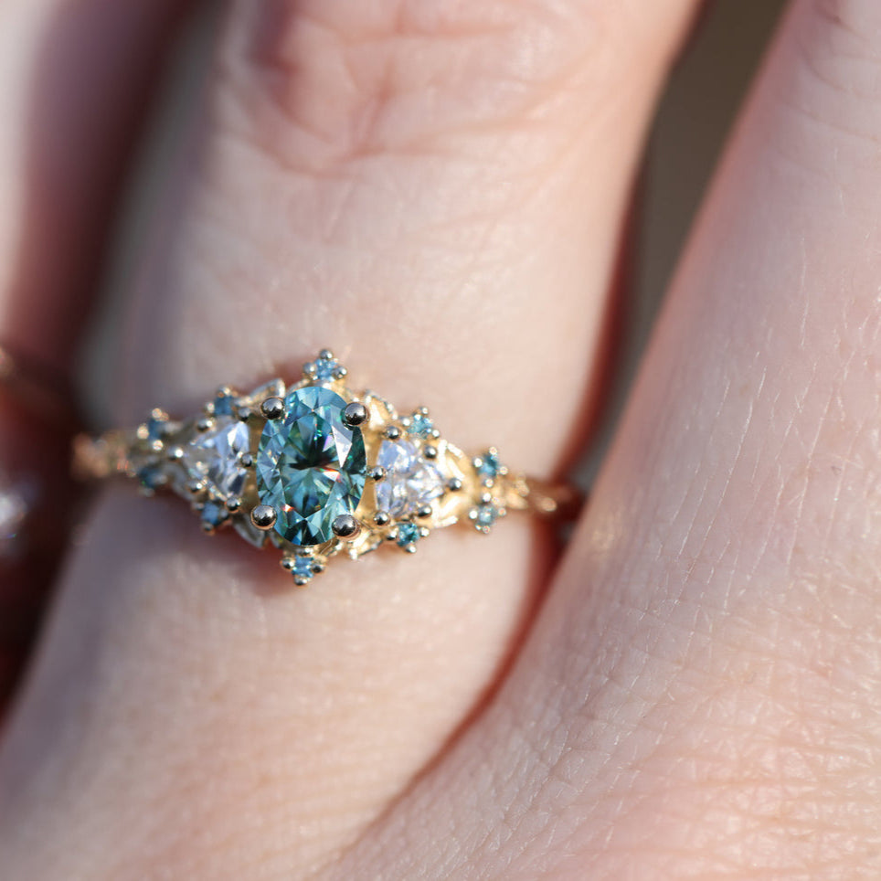 Unique Celeste Rose Oval Teal Moissanite Ring