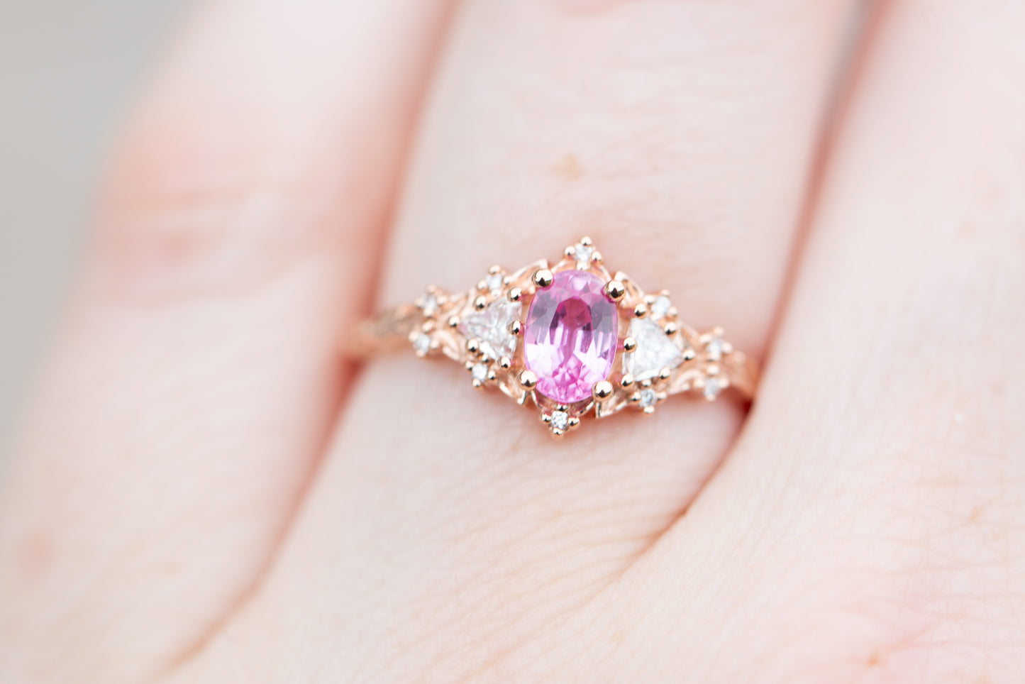 Unique Floral Rose Three Stone Oval Pink Padparadscha Ring (Sunrise)