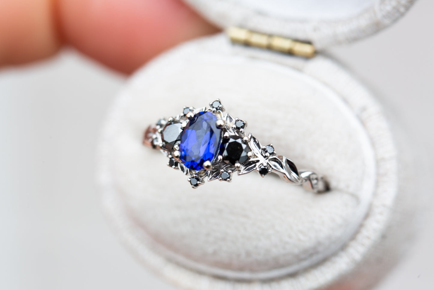 Unique Floral Rose Three Stone Oval Lab Blue Sapphire and Black Moissanite Ring