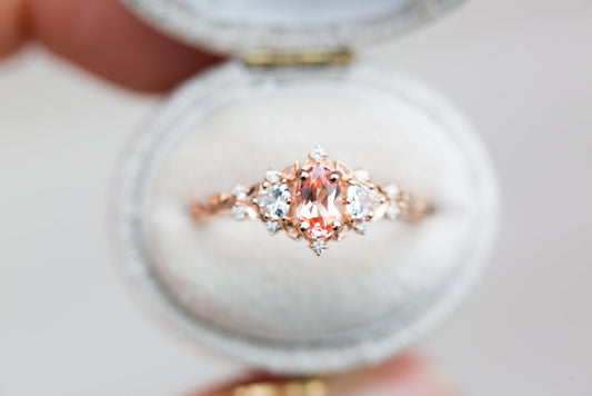 Unique Floral Rose Three Stone Oval Pink Padparadscha Ring