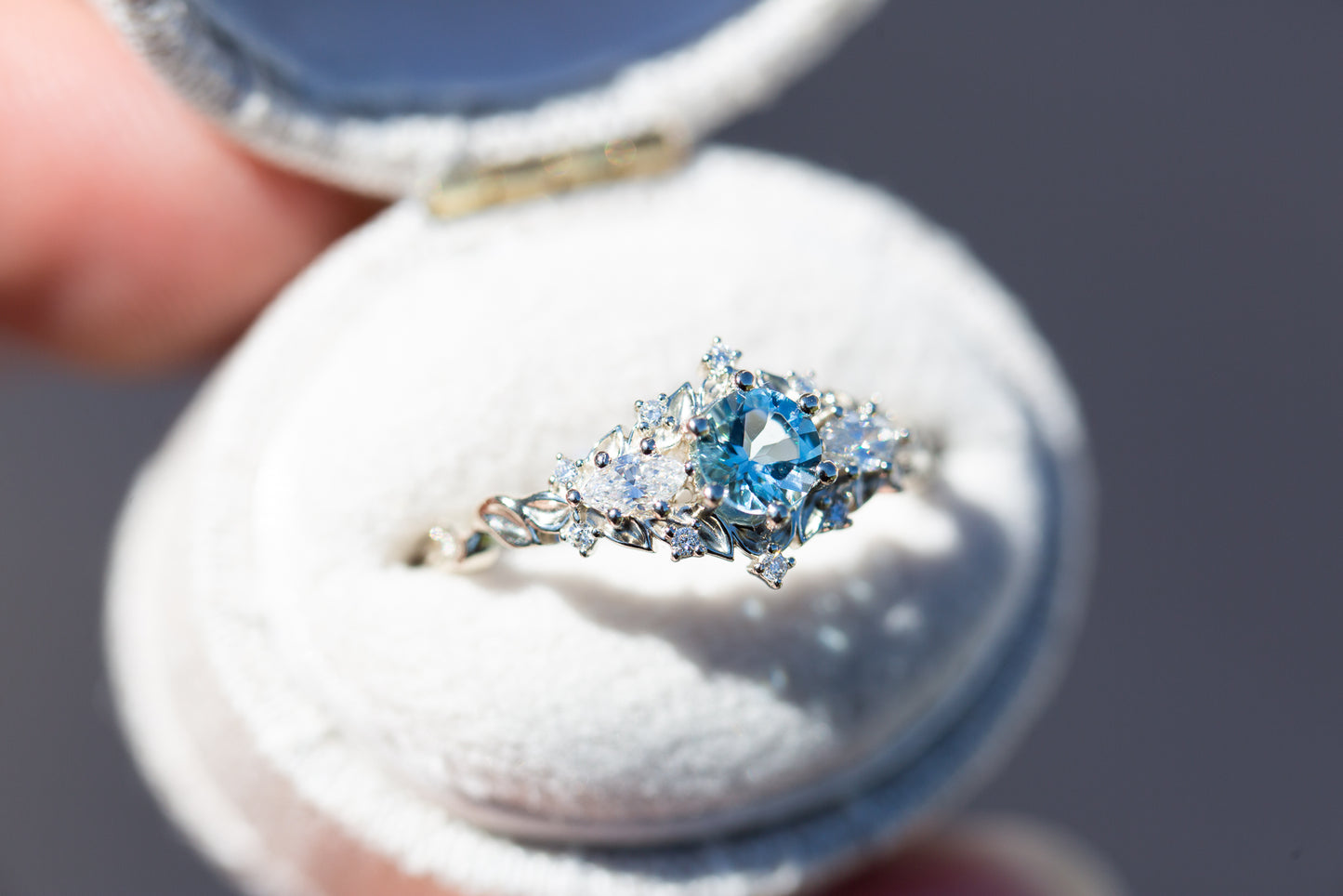Unique Celeste Rose Round Lab Aquamarine and Moissanite Ring