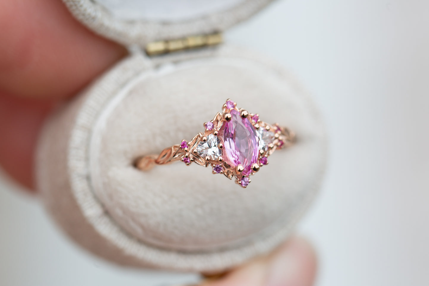Unique Floral Rose Three Stone Marquise Pink Padparadscha and Moissanite Ring