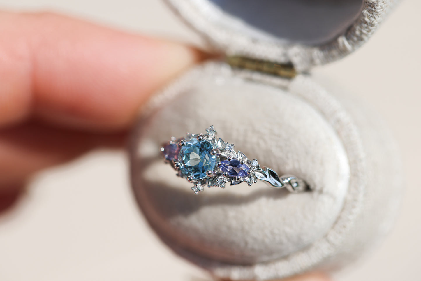 Unique Celeste Rose Three Stone Round Lab Aquamarine Ring
