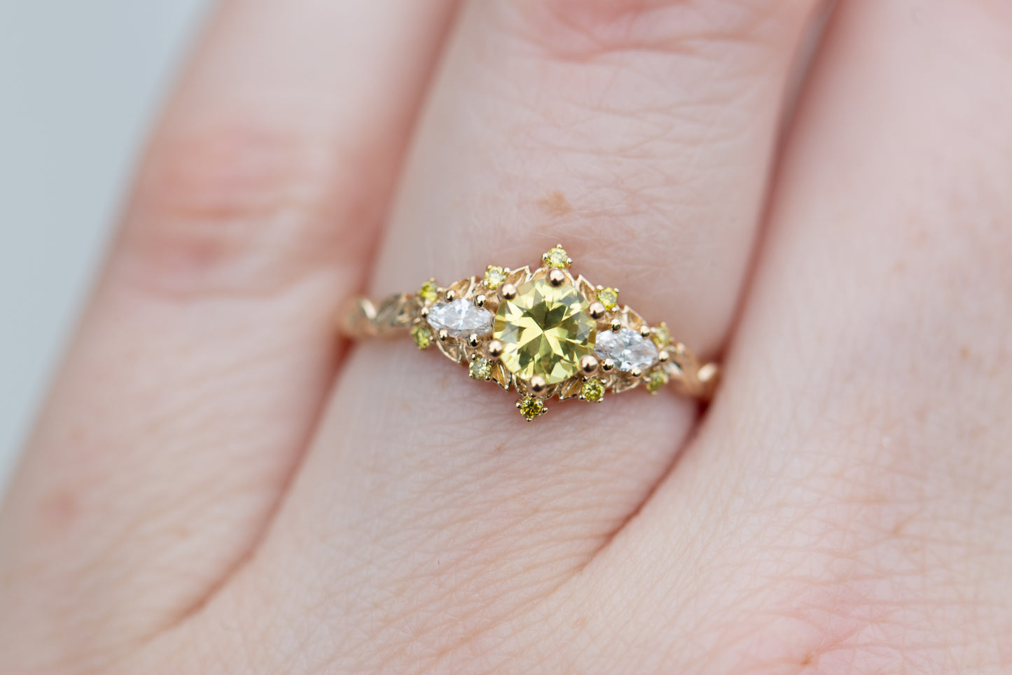 Unique Floral Rose Three Stone Round Citrine Ring