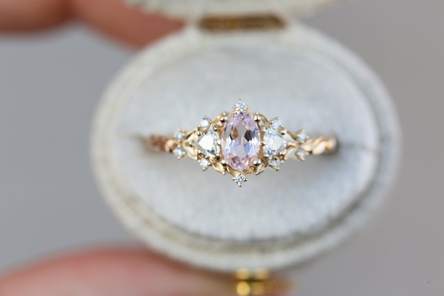 Unique Floral Rose Three Stone Oval Pink Padparadscha Ring