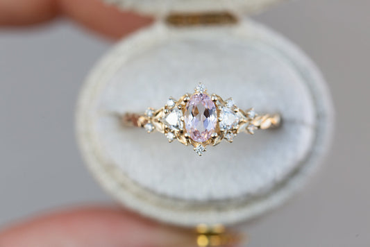 Unique Floral Rose Three Stone Oval Pink Padparadscha Ring