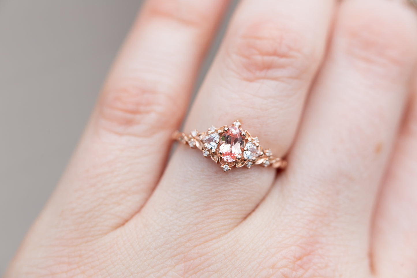 Unique Floral Rose Three Stone Oval Pink Padparadscha Ring
