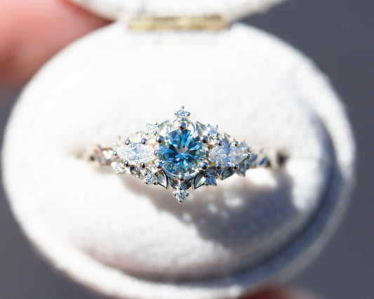 Unique Celeste Rose Round Lab Aquamarine and Moissanite Ring