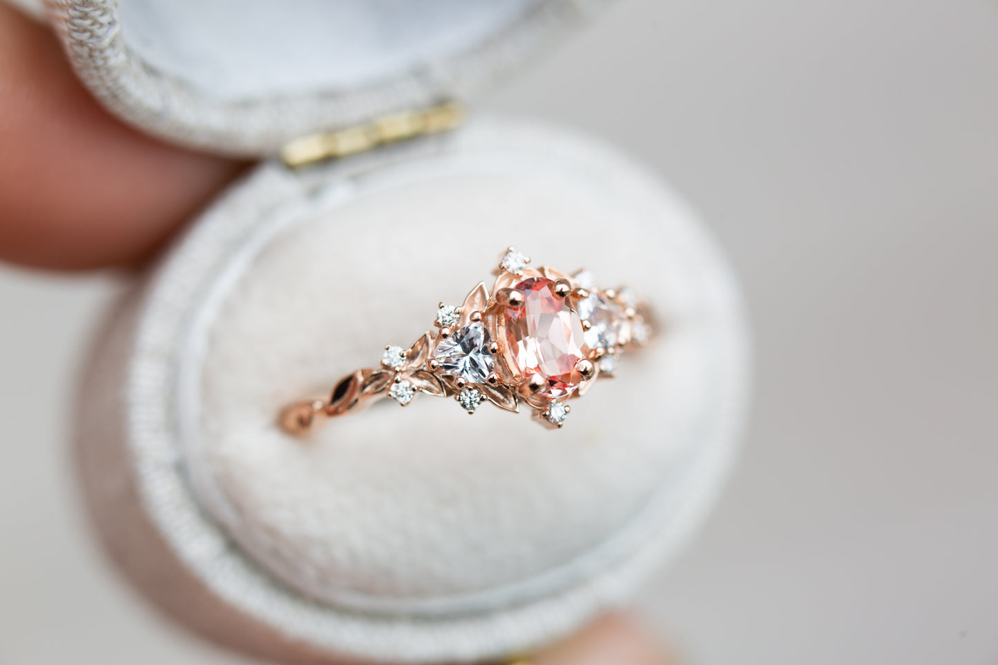 Unique Floral Rose Three Stone Oval Pink Padparadscha Ring