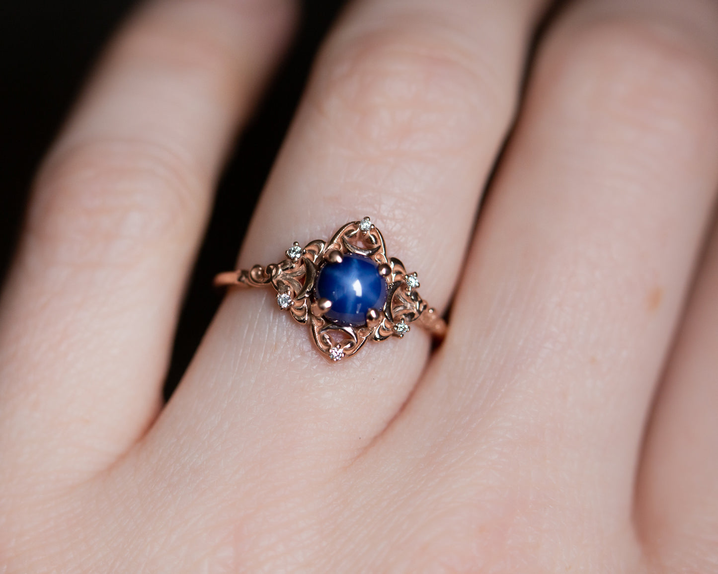 Unique Star Moons Round Lab Sapphire Ring