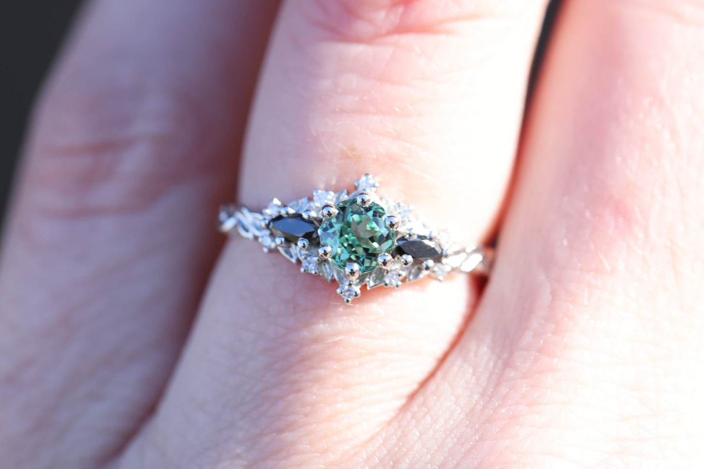Unique Floral Rose Round Lab Green Sapphire and Black Moissanite Ring