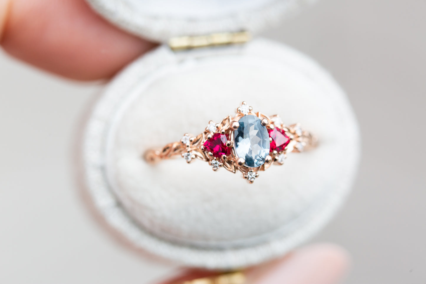 Unique Floral Rose Three Stone Oval Lab Grey Spinel and Ruby Ring