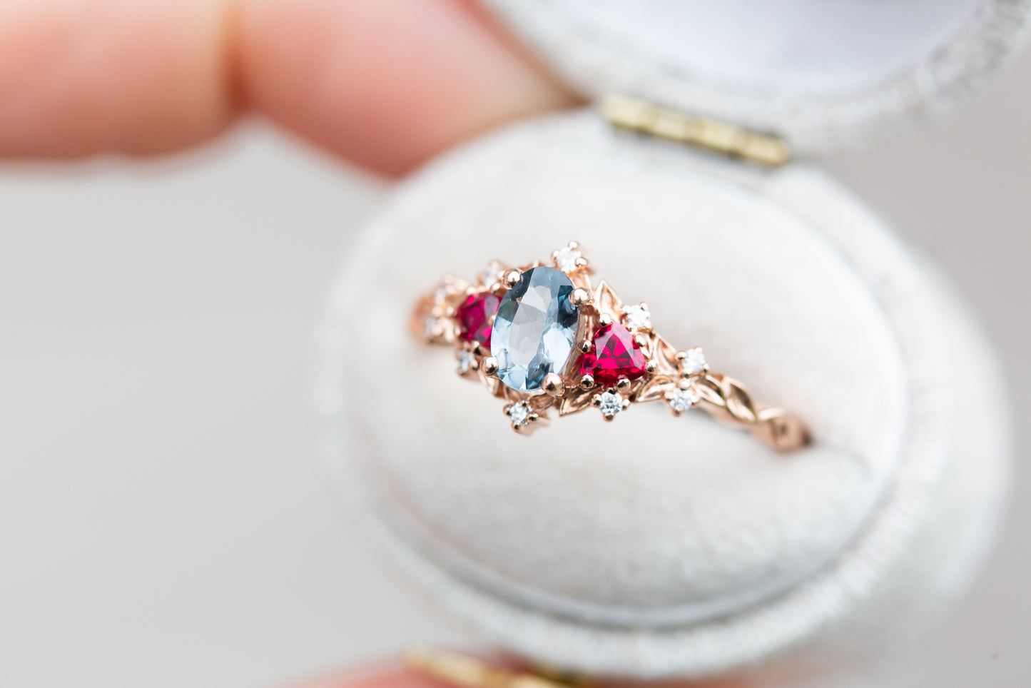 Unique Floral Rose Three Stone Oval Lab Grey Spinel and Ruby Ring