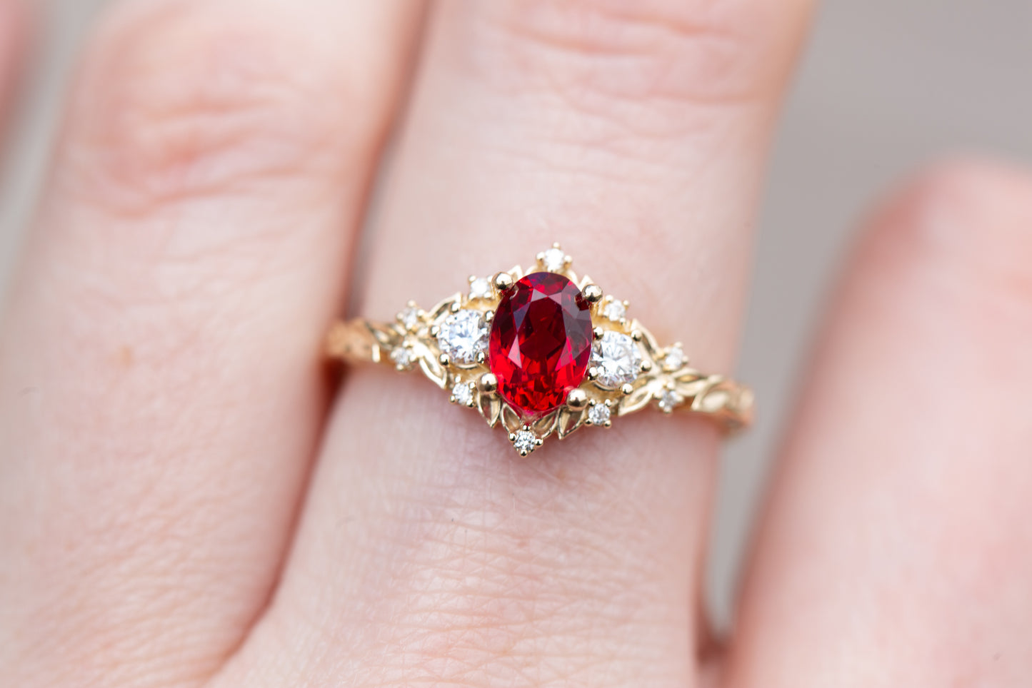 Unique Floral Rose Three Stone Oval Lab Ruby and Moissanite Ring