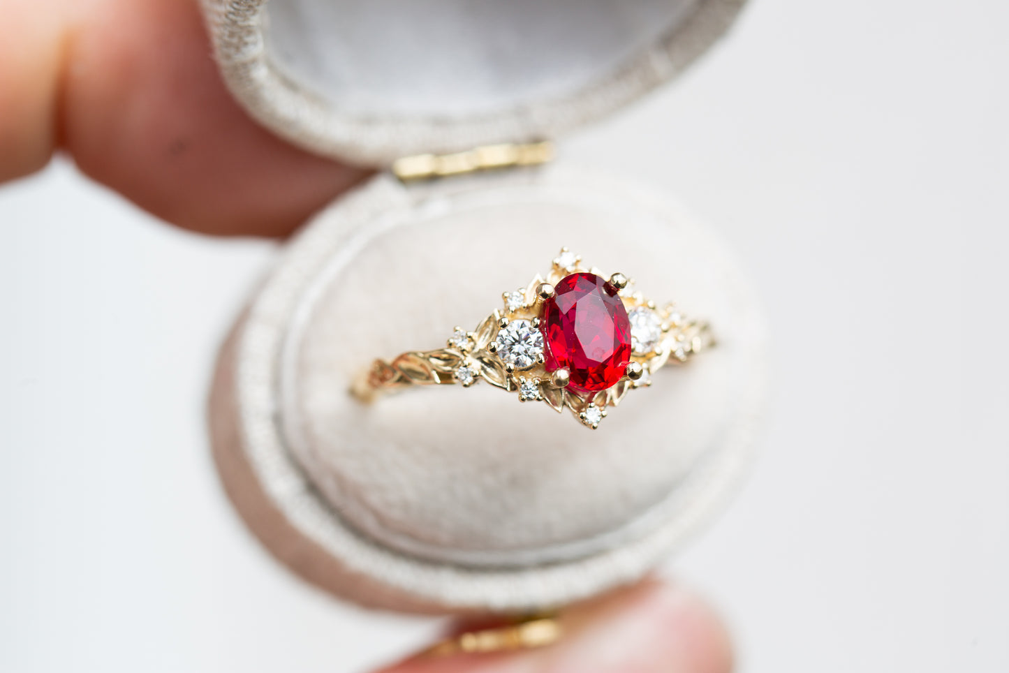 Unique Floral Rose Three Stone Oval Lab Ruby and Moissanite Ring