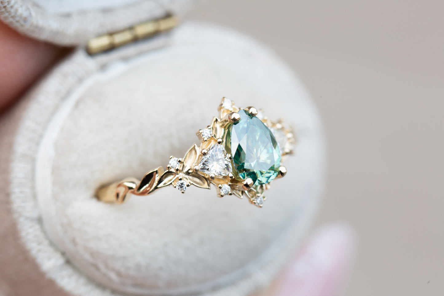 Unique Celeste Rose Three Stone Pear Teal Moissanite Ring