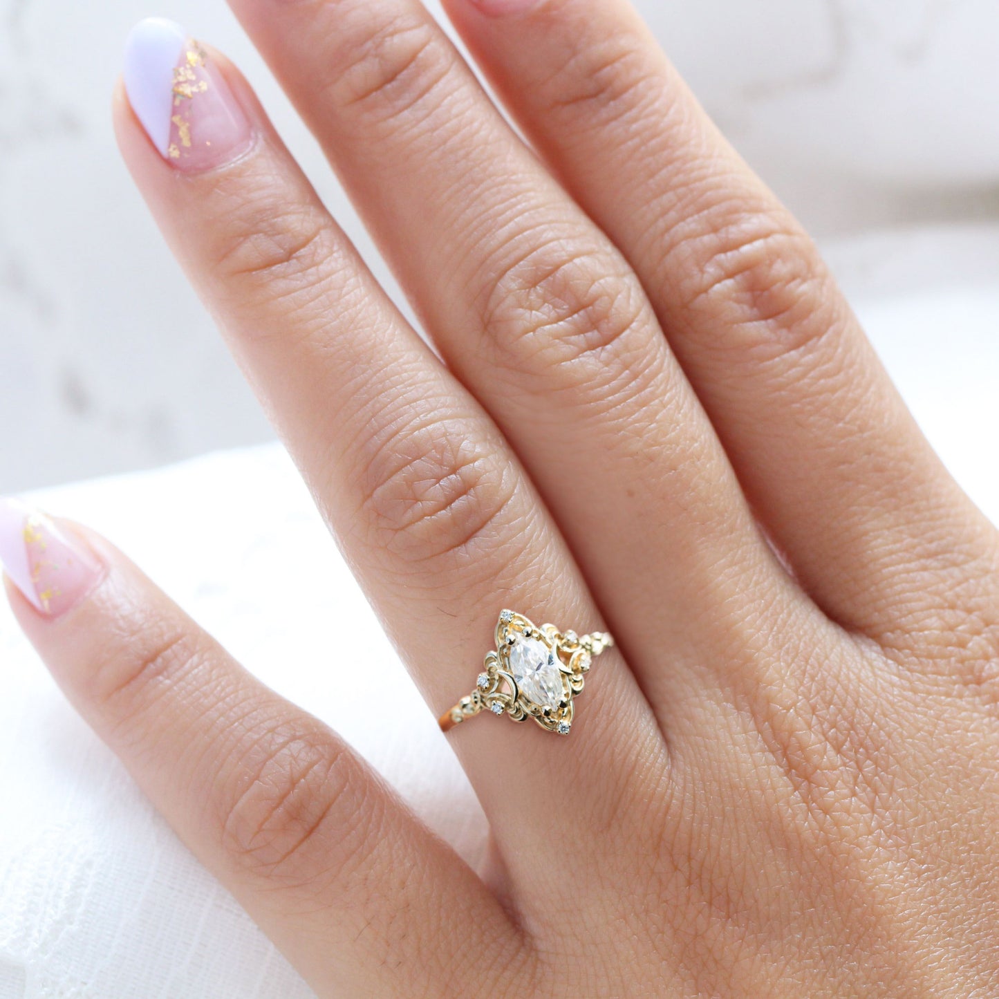 Unique Aurora Moon Marquise Moissanite Ring